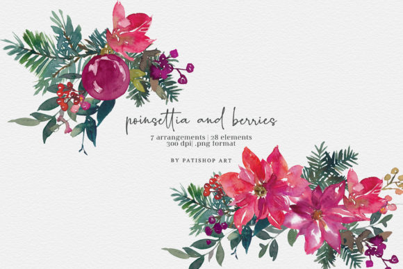Poinsettia and Berries Christmas Clipart Freebies
